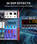 Close-up of 8 Channel Audio Mixer With Bluetooth And USB For DJ Podcast Live Streaming And Karaoke 48V Phantom Power 24 DSP Effects