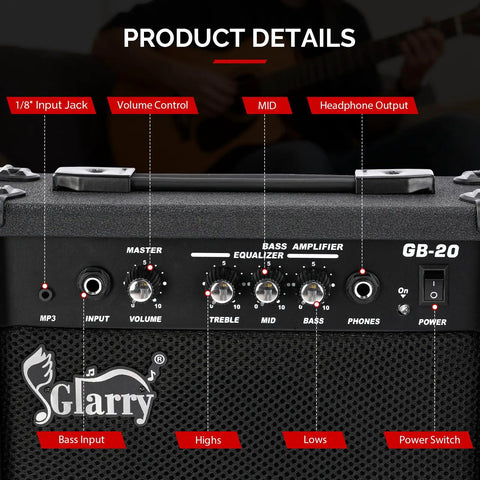 Portable 20W Bass Combo Amp With Headphone And MP3 Aux Input Practice Ready Bass Guitar Amplifier With Bass Treble Mid EQ