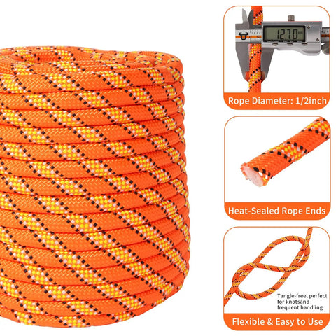 Beefy Heavy Duty Tree Rigging Rope Half Inch By 100 Feet 48 Strand Braided Bull Rope 9000 Lbs MBS Static Line Hoisting For Limb Lowering And Tree Removal Orange showing diameter and features.