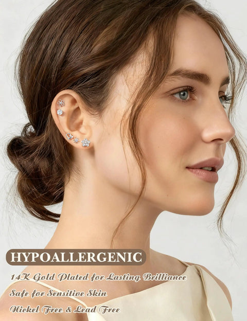 All In One Silver Stud Earrings Set for Women, Hypoallergenic Surgical Steel, Sensitive Ears, 10 Pairs of Heart, Flower, Bow, Sun Styles, Dainty Jewelry Gift Set on model