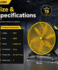 30 Inch Industrial Floor Drum Fan Heavy Duty High Airflow Cooling specifications with size and power details.