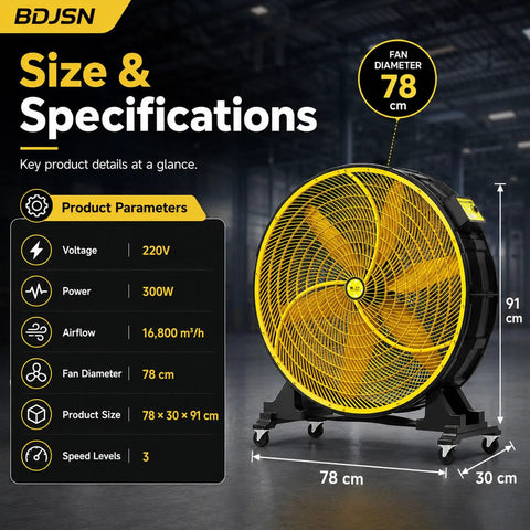 30 Inch Industrial Floor Drum Fan Heavy Duty High Airflow Cooling specifications with size and power details.