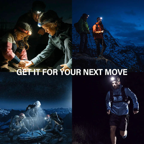 Collage of outdoor activities using Beast Mode Bright Rechargeable LED Headlamp With 6 Modes And Zoom, including hiking and running.