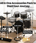 VAD516 V Drums Acoustic Design Electronic Drum Kit Bundle with accessories including drumsticks, bag, cable, and cloth