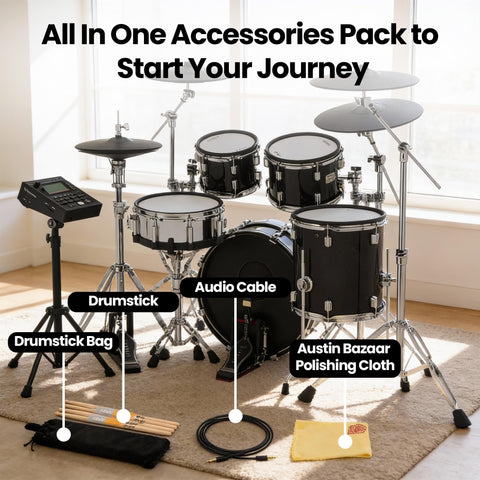 VAD516 V Drums Acoustic Design Electronic Drum Kit Bundle with accessories including drumsticks, bag, cable, and cloth