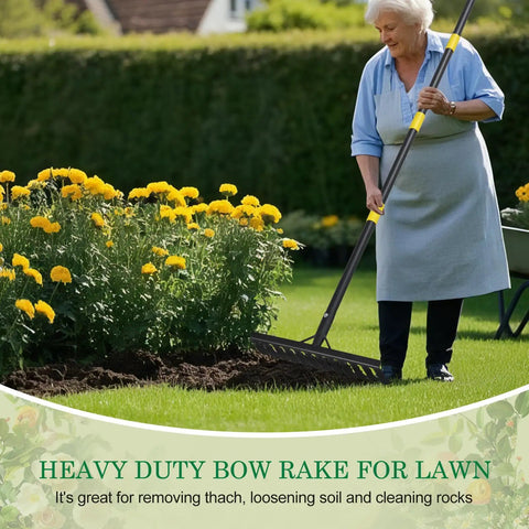 Woman using Heavy Duty Garden Rake with Long 74 Inch Handle and 12 Metal Tines for loosening soil in flower bed