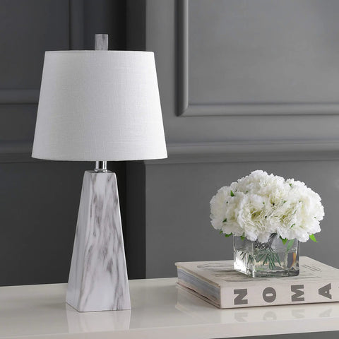 White Marble Look Resin Table Lamp With Faceted Contemporary Design, Cool Bedside Lamp For Bedroom Or Living Room on desk