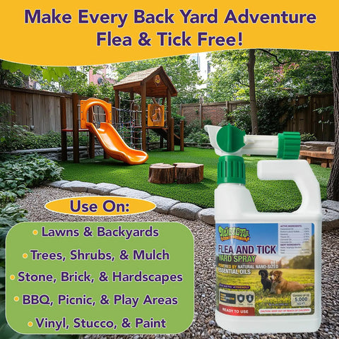 All Natural Flea And Tick Yard Spray For Outdoors With Essential Oils bottle in garden with swingset