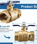 Heavy Duty Brass Backflow Ball Valve With Test Port, 1 inch FPT Threaded, shown from top and side view with size measurements