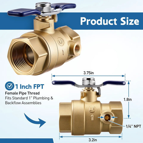 Heavy Duty Brass Backflow Ball Valve With Test Port, 1 inch FPT Threaded, shown from top and side view with size measurements