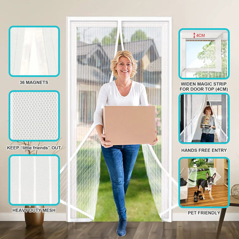 Upgraded Magnetic Screen Door With 36 Strong Magnets, Heavy Duty Mesh, Hands Free Entry For Pets, Fits Doors Up To 38x82 Inches, White
