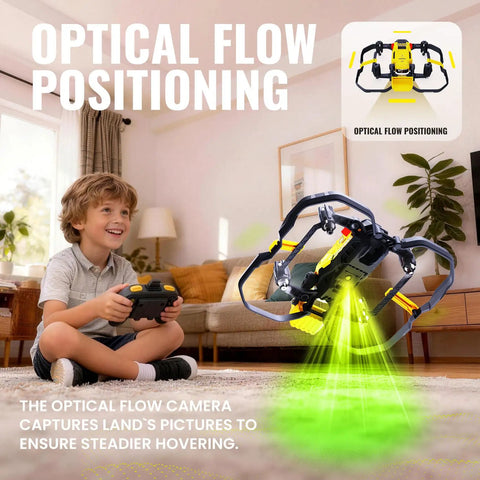 Boy playing with Mini Indoor Micro Drone For Kids With Cool LED Lights And 3 Speed Modes in living room