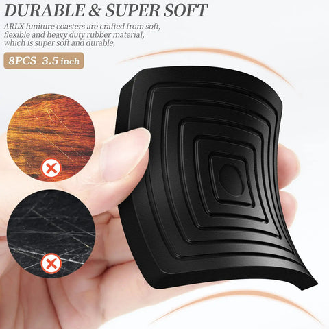 Top Shelf Rubber Furniture Coasters And Caster Cups Shield Hardwood Floors While Giving Your Couch Bed And Piano Legs A Ridiculously Firm Grip That Keeps The Whole Setup Tight Through Daily Life Pack Of 8 Black, 3.5 inch rubber coaster held in hand, showing flexible design.
