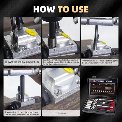 Steps showing how to use M11x2.0 Thread Repair Kit With Stainless Steel Inserts For Cars And Trucks, Includes HSS Drill.