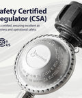 Close-up of CSA certified propane regulator on a 6ft hose with QCC1 and 3/8 inch female flare fitting