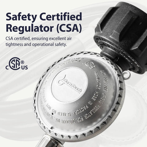 Close-up of CSA certified propane regulator on a 6ft hose with QCC1 and 3/8 inch female flare fitting