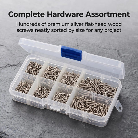 Top Tier M2 Stainless Steel Screws Assortment Kit With Phillips Head Fasteners For Furniture And Weekend Warrior Builds in clear box.