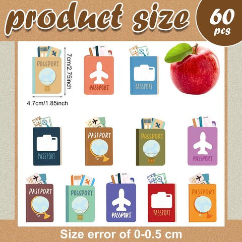 60 Pieces Travel Map Passport Cutouts With Glue Point Stickers World Travel Bulletin Board Decorations with apple for size reference
