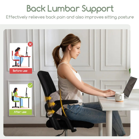 Woman using Lumbar Support Pillow For Your Recliner Accent Chair Couch Or Office Chair With Tufted Corduroy Back Cushion for posture