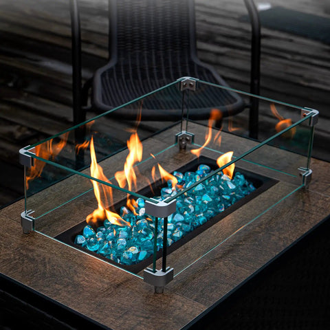 Caribbean Blue 20 Pound 1 Inch Fire Glass Diamonds For Gas Fire Pit And Fireplace, High Luster Sparkling Glass Rocks, lit flames