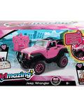 Boxed pink Jeep Wrangler 1:16 RC Car for Kids with 2.4GHz remote, turbo boost, and doll seat up to ten inches, for outdoor fun.