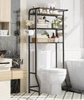 Over The Toilet Storage Cabinet Three Tier Metal Bathroom Shelf Organizer with Paper Holder and Hooks Black Finish with towels and toiletries