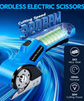 Heavy Duty Cordless Electric Scissors With Rechargeable Rotary Blade And LED Light Safety Lock For No Sweat Cutting Of Cardboard Fabric Carpet Leather And Cloth Slick Power Shears Blue, showing cutting speed and design.