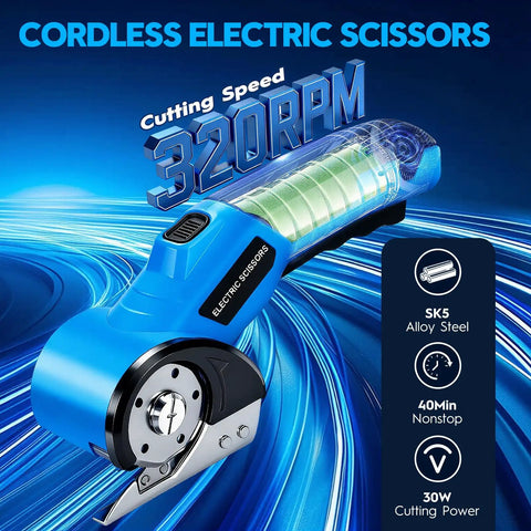 Heavy Duty Cordless Electric Scissors With Rechargeable Rotary Blade And LED Light Safety Lock For No Sweat Cutting Of Cardboard Fabric Carpet Leather And Cloth Slick Power Shears Blue, showing cutting speed and design.