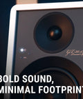 Close-up of GX30ARC Powered Speakers With USB C, Optical, Line Phono, HDMI ARC And Bluetooth 5.3 LE Audio featuring sleek design.