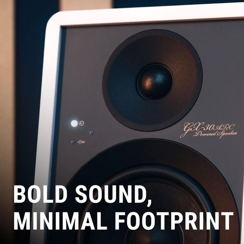 Close-up of GX30ARC Powered Speakers With USB C, Optical, Line Phono, HDMI ARC And Bluetooth 5.3 LE Audio featuring sleek design.