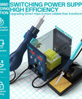 Two In One Soldering And Hot Air Rework Station Kit with temperature control, LED display, and soldering accessories on a table.
