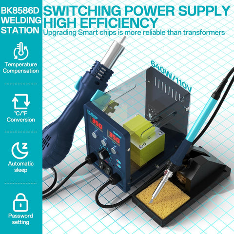 Two In One Soldering And Hot Air Rework Station Kit with temperature control, LED display, and soldering accessories on a table.