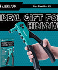 Heavy Duty Rivet Gun Kit With Ergonomic Grip And Safety Lock, held by a person, packaging visible with Pro Grade Pop Rivet Tool details