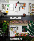 Heavy Duty Wall Mounted Tool Organizer Rack With 3 Rails And 6 Removable Hooks For Garage Shed Or Workshop Durable Powder Coated Steel Storage displayed in garage and garden settings