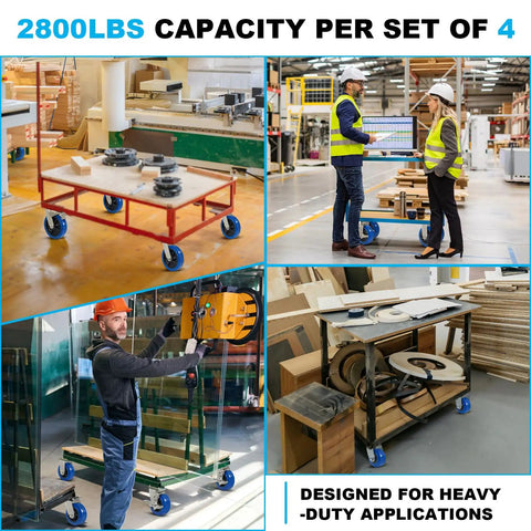 Hella Durable Heavy Duty 4 Inch Polyurethane Caster Wheel Set Of 4 With Secure Swiveling Brakes for heavy-duty carts in a workshop.