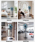 18 Inch Pedestal Fan With Remote Control And Killer Airflow in bedroom, living room, study room, and home gym settings