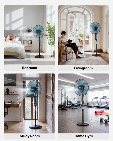 18 Inch Pedestal Fan With Remote Control And Killer Airflow in bedroom, living room, study room, and home gym settings