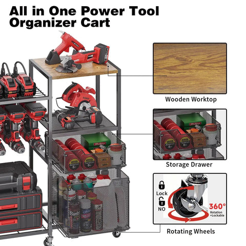 Heavy Duty Power Tool Organizer Cart With Charging Station On Wheels 8 Outlets And 8 Slots Cordless Drill Holder With Drawers Rolling Garage Organizer For Men Powerful Mobile Workshop Storage Solution with wooden worktop, storage drawers, and lockable rotating wheels.
