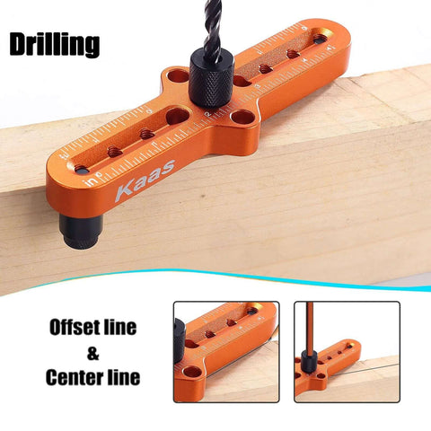 Kaas self-centering dowel jig in orange with ruler scale and center finder knob mounted on wood