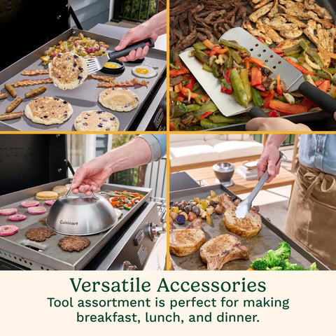 24 Piece Griddle Tool Set With Storage Tote Stainless Steel Flat Top Grill Accessories in use for cooking breakfast and dinner