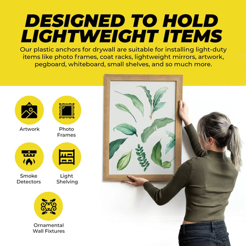 Person holding a frame against a wall with graphic about using Ribbed Drywall Anchors for secure fastening of lightweight items.