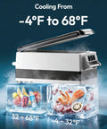 Solid Forty Eight Quart 12 Volt Compressor Portable Fridge And Freezer cooling from -4°F to 68°F with food and drinks inside.