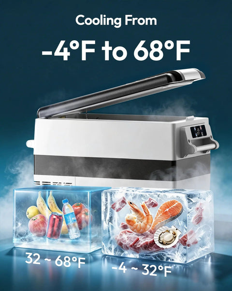 Solid Forty Eight Quart 12 Volt Compressor Portable Fridge And Freezer cooling from -4°F to 68°F with food and drinks inside.