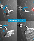 SparkPod 6-inch polished chrome rain shower head collage showing front, side, and installed views.