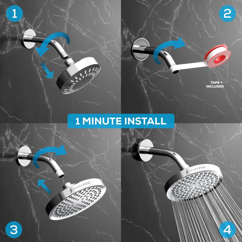 SparkPod 6-inch polished chrome rain shower head collage showing front, side, and installed views.