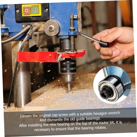 Person using a wrench to adjust a top-mounted ball bearing router bit guide kit for woodworking on a milling machine.