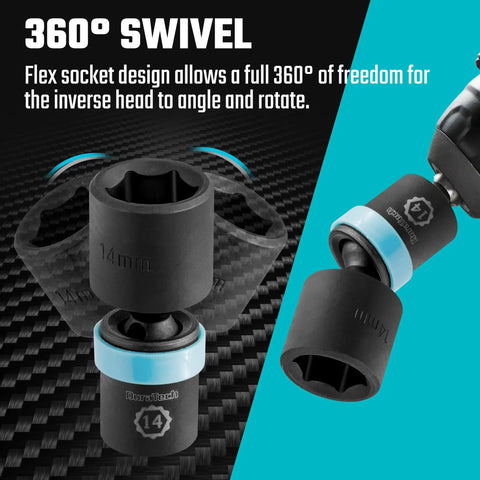 Quarter Inch Drive Impact Universal Joint Socket Set, 14 Piece Metric 5 to 15mm Swivel Sockets With 2 Inch Extension Bars, CrMo Steel Built Tough, EVA Foam Organizer For Easy Tool Storage showcasing 360° swivel head and flex socket design.