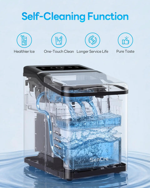 Top Tier Countertop Ice Maker Chilling Drinks On The Fly With Dual Size Bullet Ice Producing Over Twenty Six Pounds Daily Featuring Fast Six Minute Release And No Sweat Self Cleaning Care with blue water.