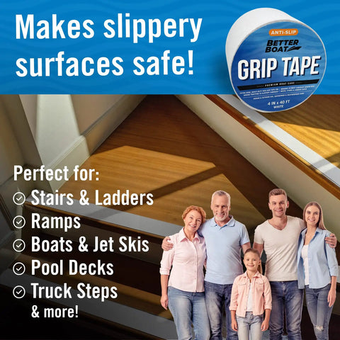 Outdoor Stair Tread Tape Non Slip 4 Inch By 40 Foot White Roll Waterproof Traction on stairs with text and a family.