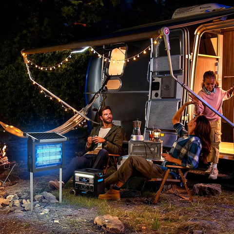 Outdoor Bug Zapper With Projector Lights for Patio and Garden 4500V waterproof mosquito killer at campsite with people.